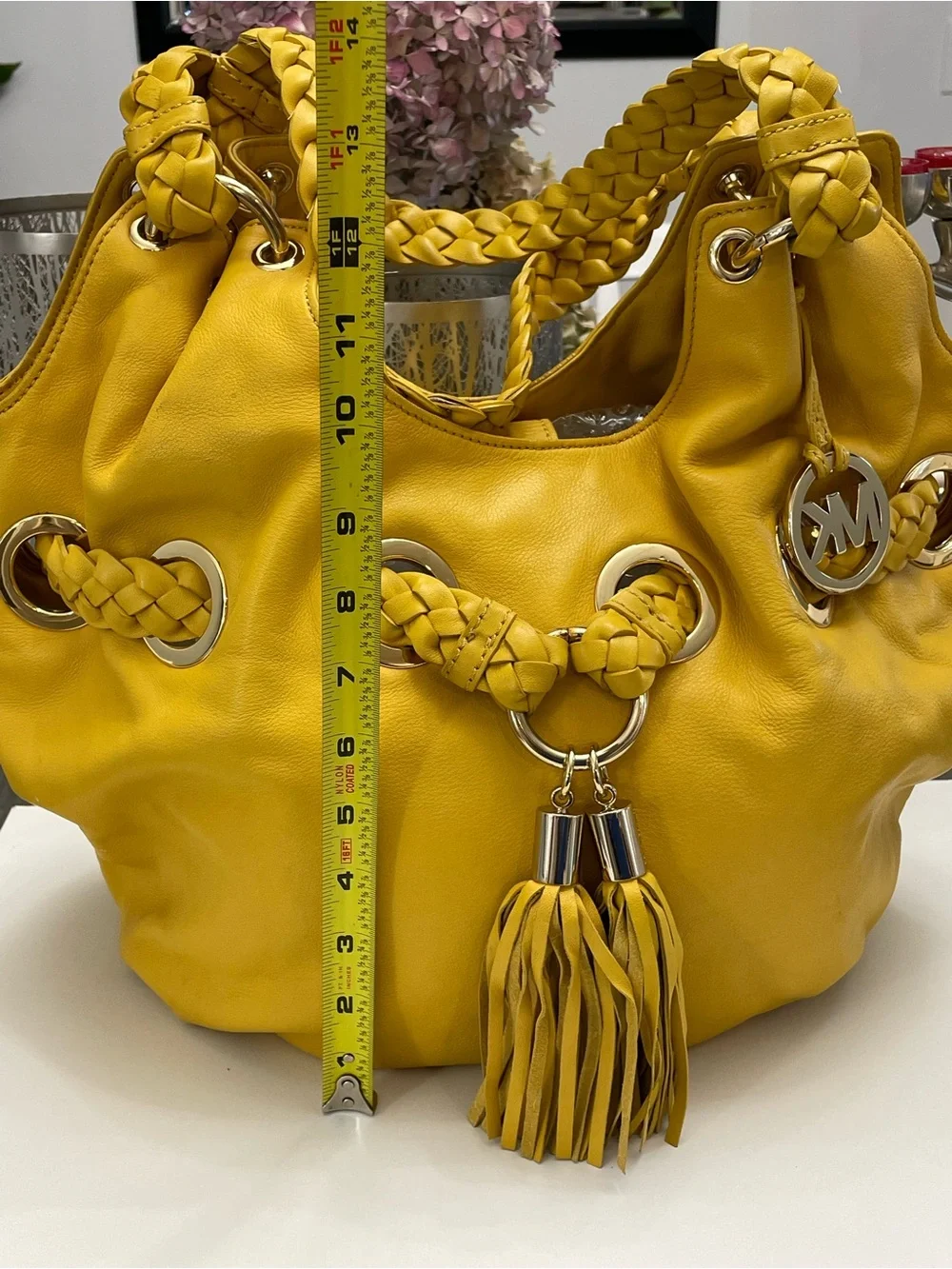 Michael Kors Yellow Leather Braided Grommet Shoulder Tote Bag Tassel Large MK